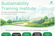 Promotional graphic for “Sustainability Training Institute,” featuring a green landscape with solar panels, wind turbines and a city skyline, highlighting practical sustainability education for a net zero future.